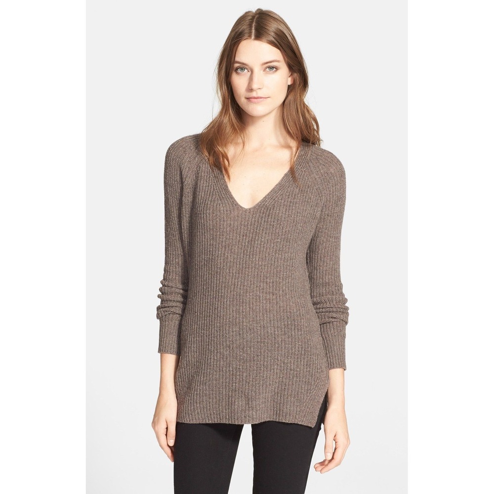 Autumn Cashmere V Neck Ribbed Pure Cashmere Sweater XS Taupe Long Sleeve